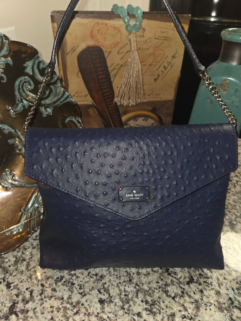 Kate Spade Navy Ostrich‑Embossed Leather Chain Shoulder Bag